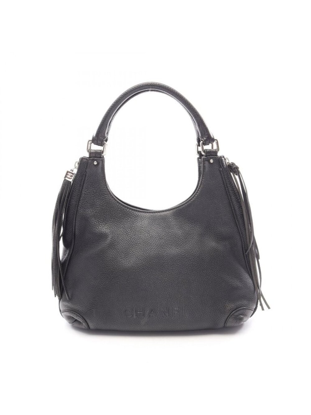 Chanel Handbag Logo Black Leather Fringe Handle Bag